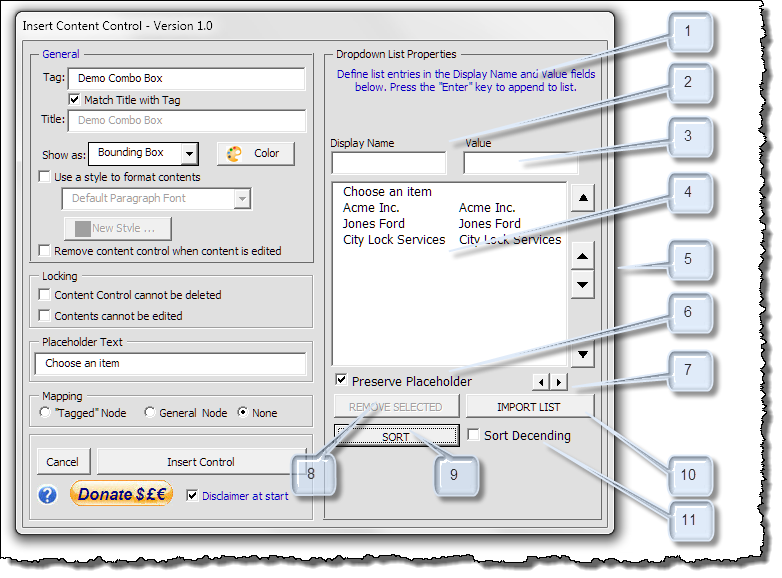 ms word combo box content control