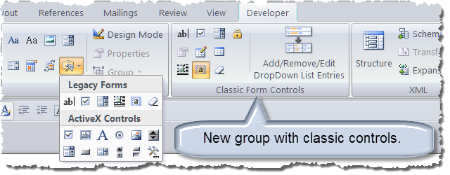 Word "Cllassic Forms Add-In" UI