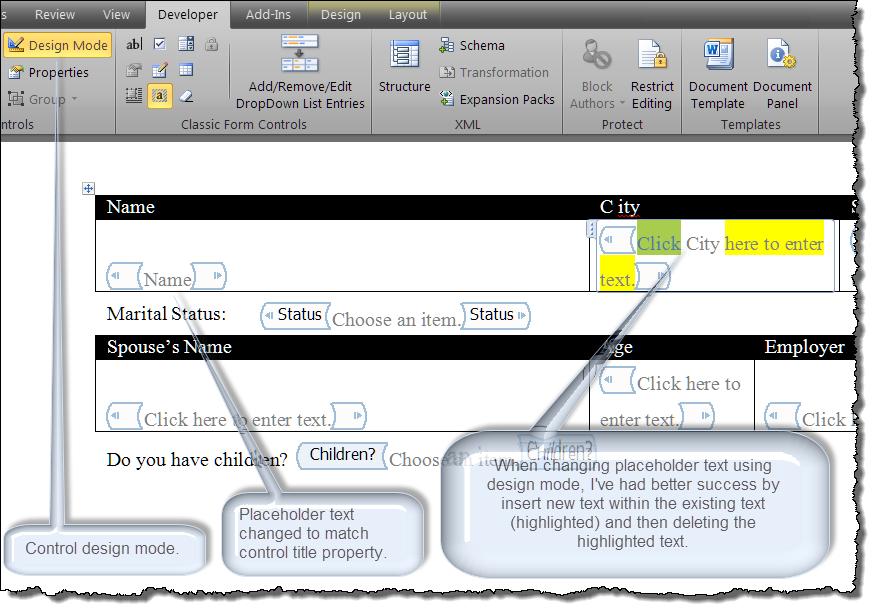 microsoft word 2007 content control design tab