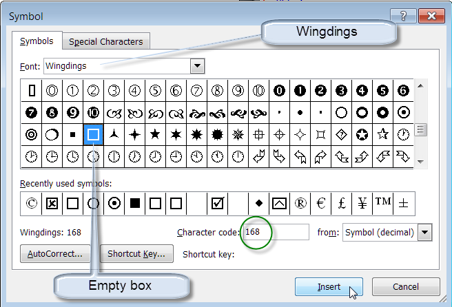 ms word insert checkbox 2010