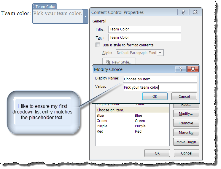 microsoft word content control remove intital text