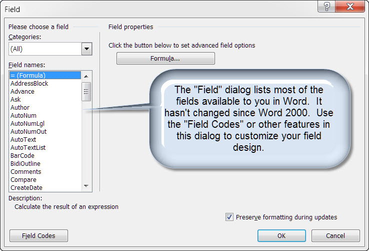 Field dialog